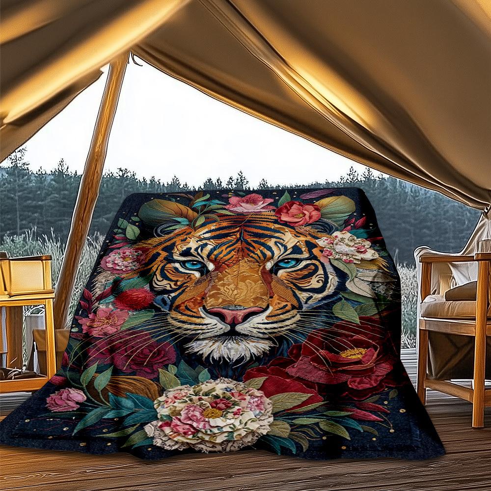1pc Tiger FlowersOutdoor Blanket, Soft And Comfortable Blanket, Casual Warm Outdoor Blanket, Good Birthday Gift Yy260328088