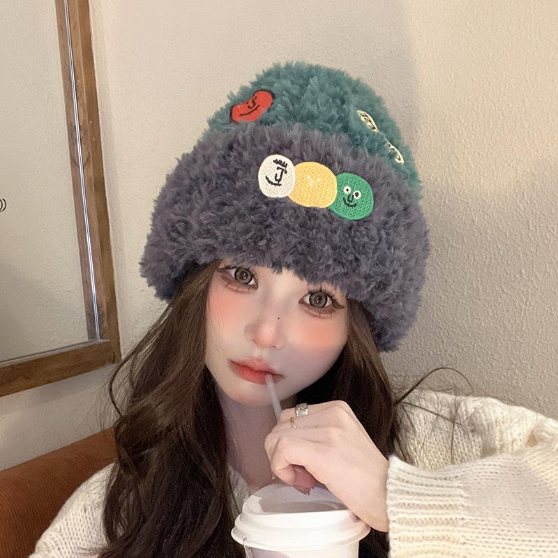 Dopamine Plush Hat Winter Warm Wool Hat Korean Style Versatile Face Showing Small Knit Hat Big Head Hat Women