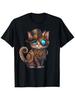 Steampunk Cat Graphic T-Shirt - Black Cotton Crew Neck Tee with Gears & Goggles