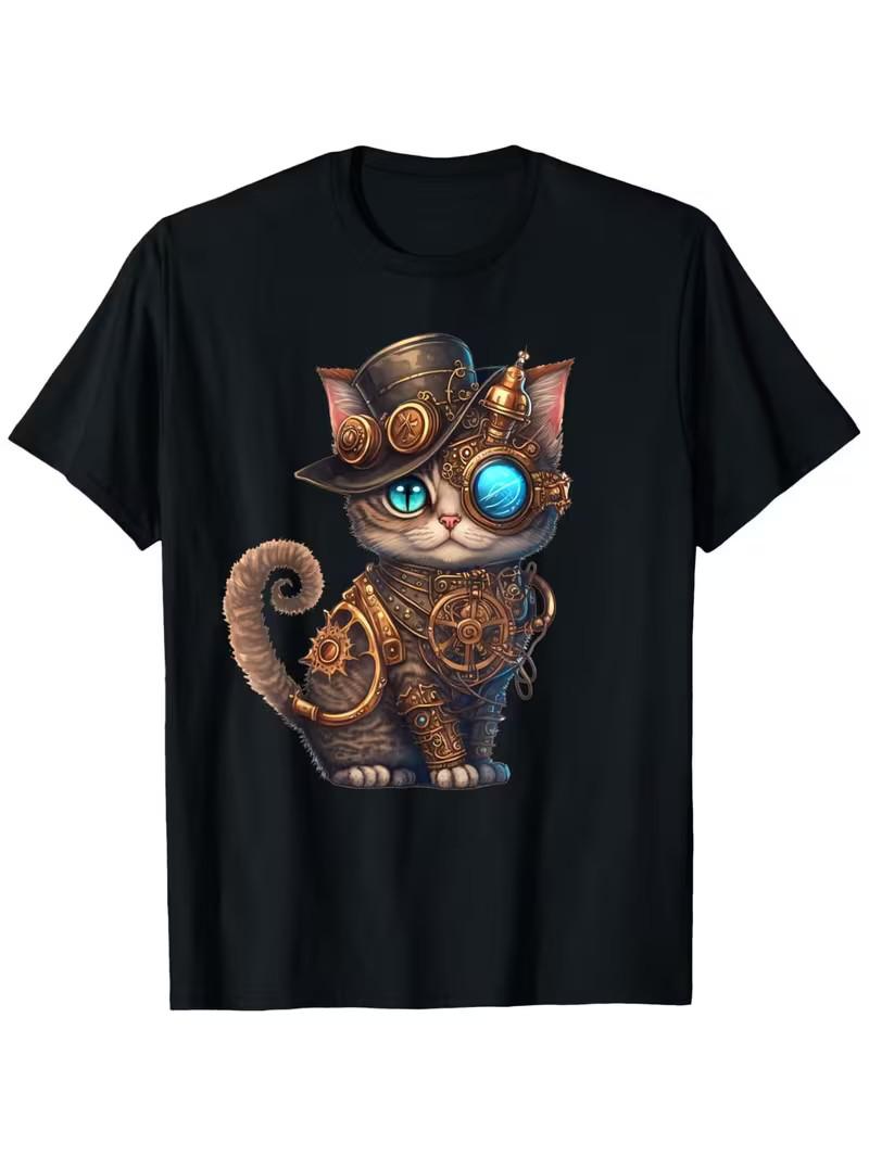 Steampunk Cat Graphic T-Shirt - Black Cotton Crew Neck Tee with Gears & Goggles S