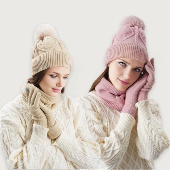3Pcs/Set Women Hat Scarf Gloves Set Solid Color Design Twist Texture Thickened Warm Plush Lining Hat Scarf Gloves Winter Accessories