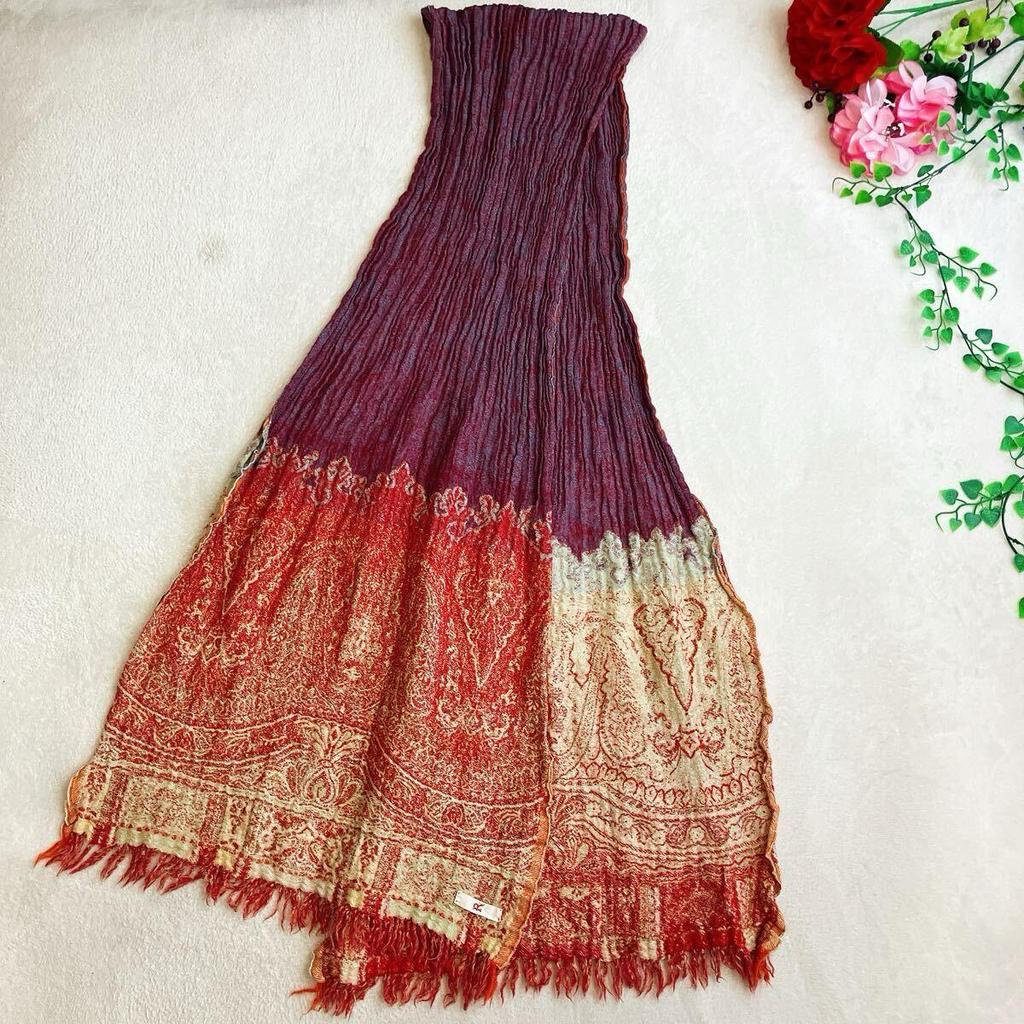 Used [Beautiful Condition] 45rpm Gauze Jacquard Paisley Stole - Ethnic, Fringe, Red x Purple x Multi