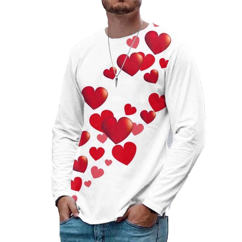 3D Printed Love Heart Swirl Print Summer Men's Crew Neck T-Shirt Casual Long Sleeve Loose T-Shirt Fashion Pullover Men Clothing