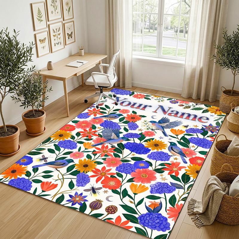Floral Birds Artwork Theme Soft Crystal Velvet Rug Custom Name & Text Print Non Slip Floor Rug for Bedroom Living Room
