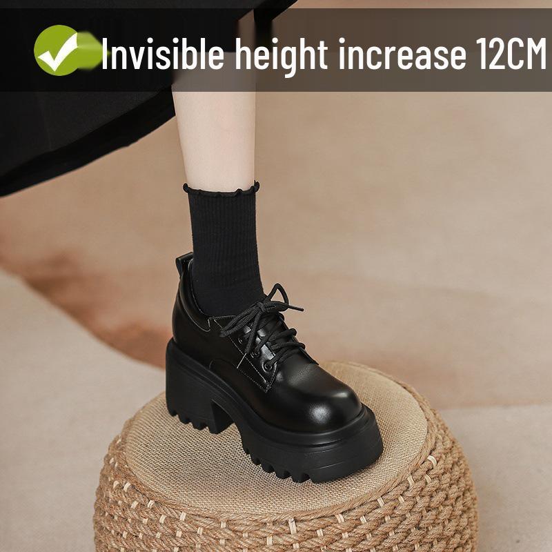12cm Height Boost Chunky Heel Black Leather Loafers for Women, British Style, Lace-up High Heels for Spring & Autumn