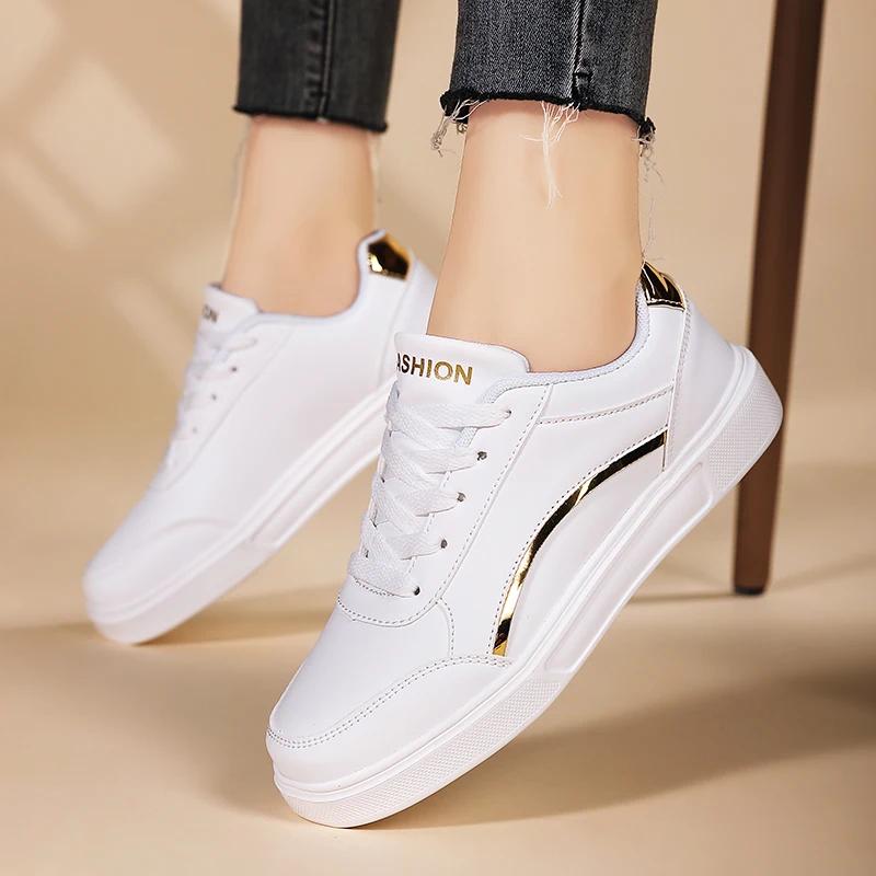 Women White Shoes Flat Female White Board Casual Shoes Lace Up PU Leather Walking Sneakers Thick Sole Outdoor Luxury Fashion