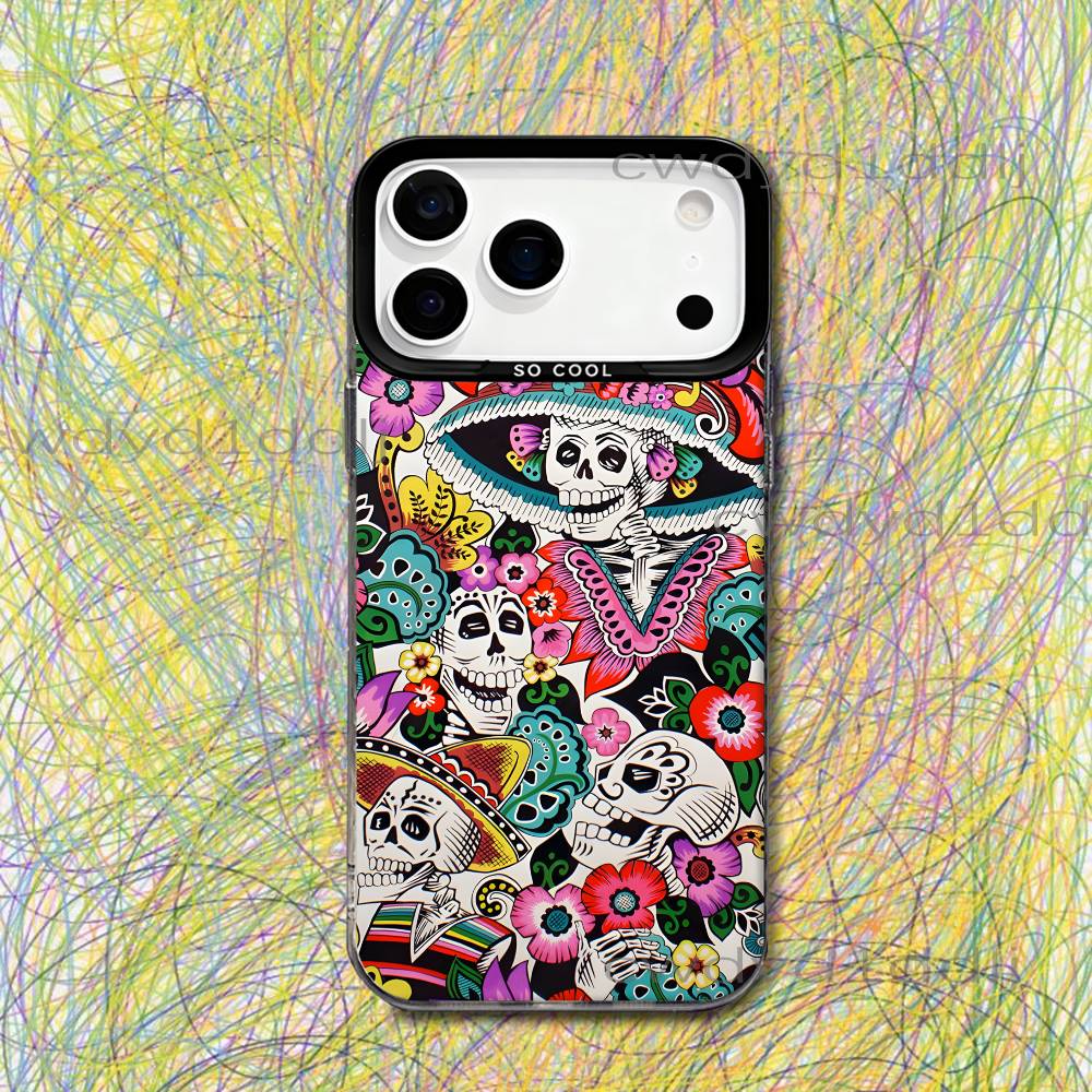 Mexican Catrina Skull Girls For iPhone 17,16,15,14,13,12,X,8,Pro,Max,Plus,SE4,Air,Mini Black IMD Matte Case