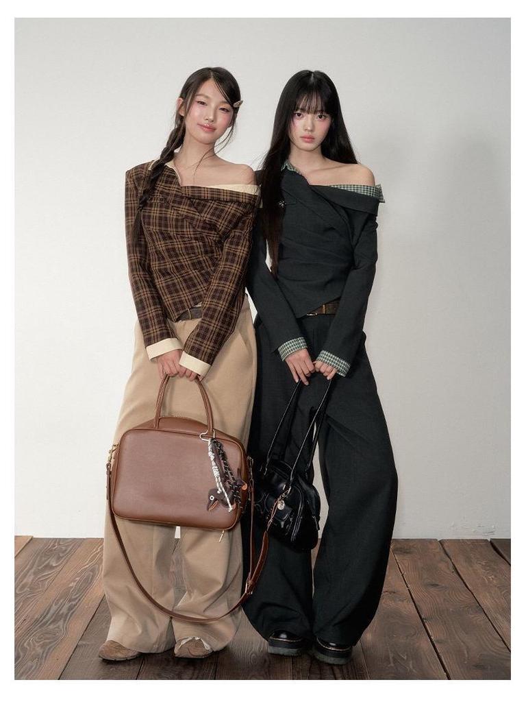 Herbst Schulterfreies Karriertes Langarmhemd für Damen, Tailliert, Schlankmachend, Wunderschönes Design