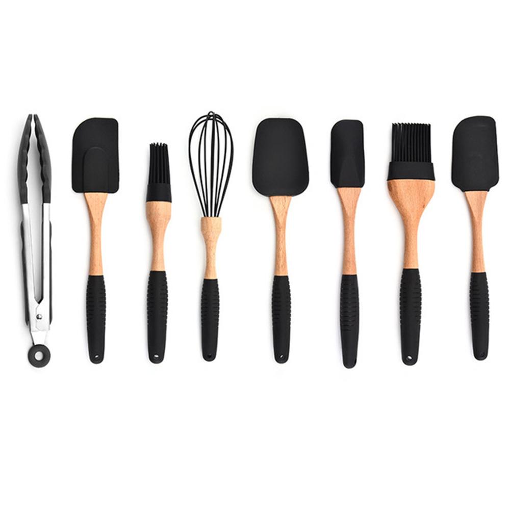 Kitchen Set Shovel Cooking Utensils Wooden Handle Kitchenware Baking Tools With Bucket black8-piece set (including color box)