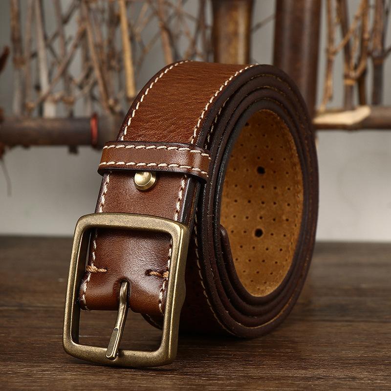 Belt Men's Retro Casual Cool Trendy All-Matching Hollow First Layer Cowhide Pin Buckle Genuine Leather Jeans Belt Men's