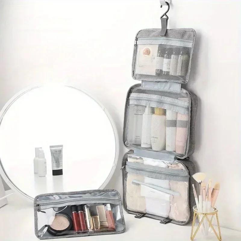 1pc Multi-Color Hanging Toiletry & Makeup Organizer Bag with Dry/Wet Separation – Gray, Navy Blue, Pink Four Color