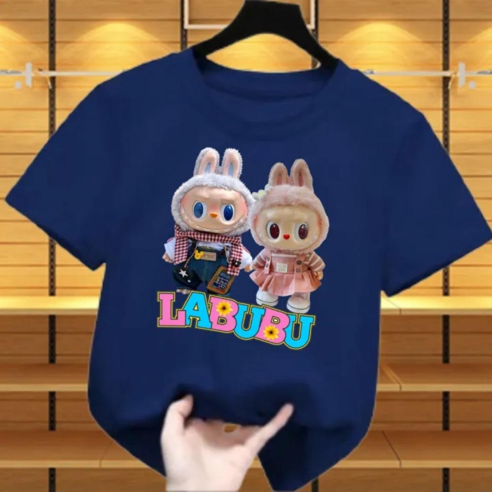 New Labubu Children's T-shirt Scarf LABUBU and Skirt LABUBU Pattern Girl Round Neck Short Sleeve Casual Versatile Clothing