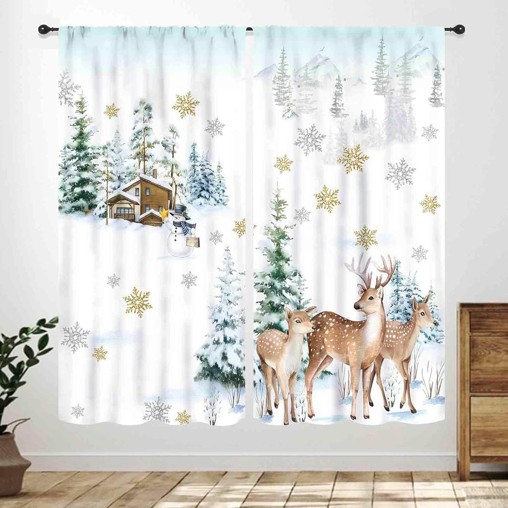 Winter Kitchen Christmas,Christmas Pine Tree Nature Forest Deer Watercolor Cabin Rustic Farmhouse Holiday Window Treatments