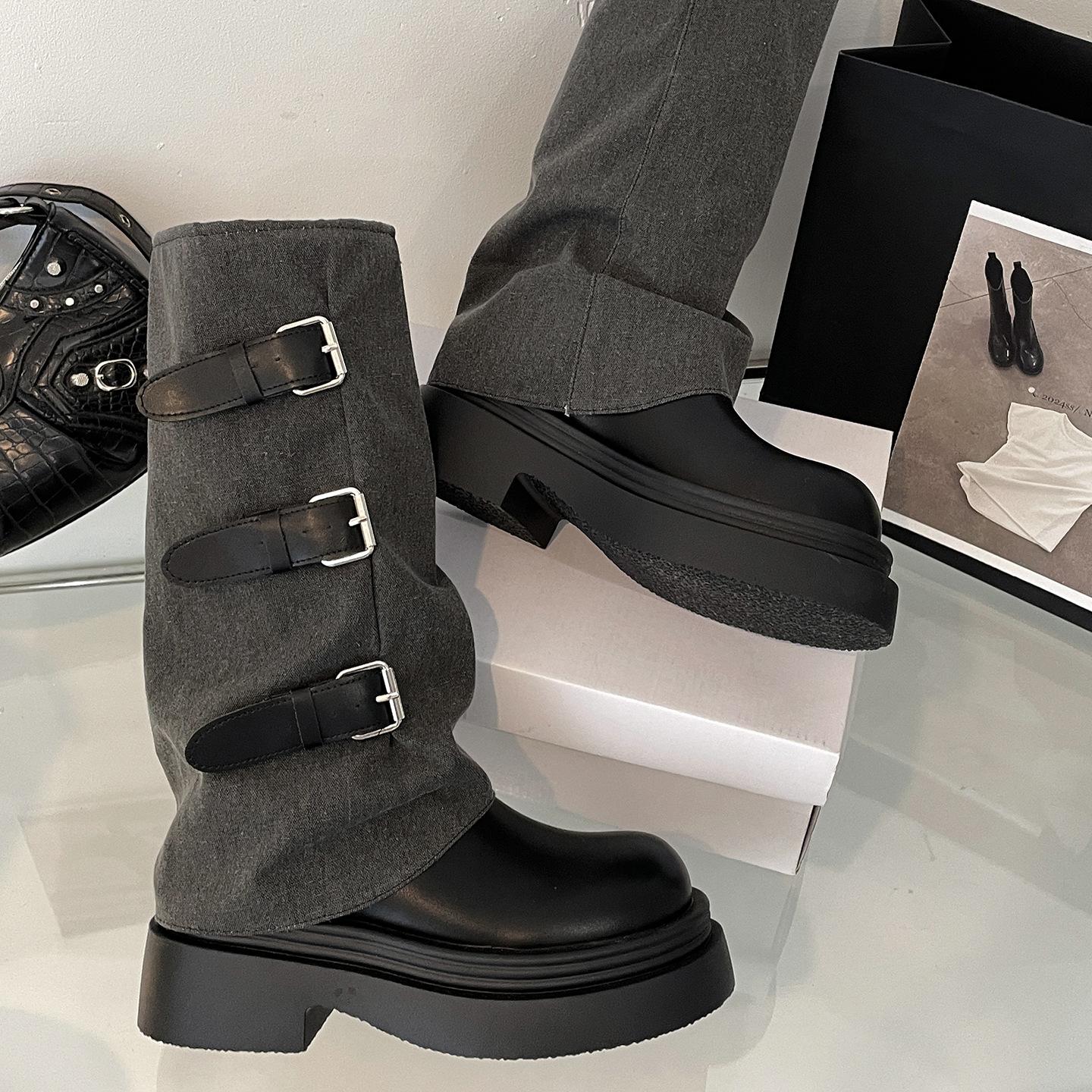 

Popular black retro British style platform boots women s boots 2025 new autumn versatile and thin knight boots 40