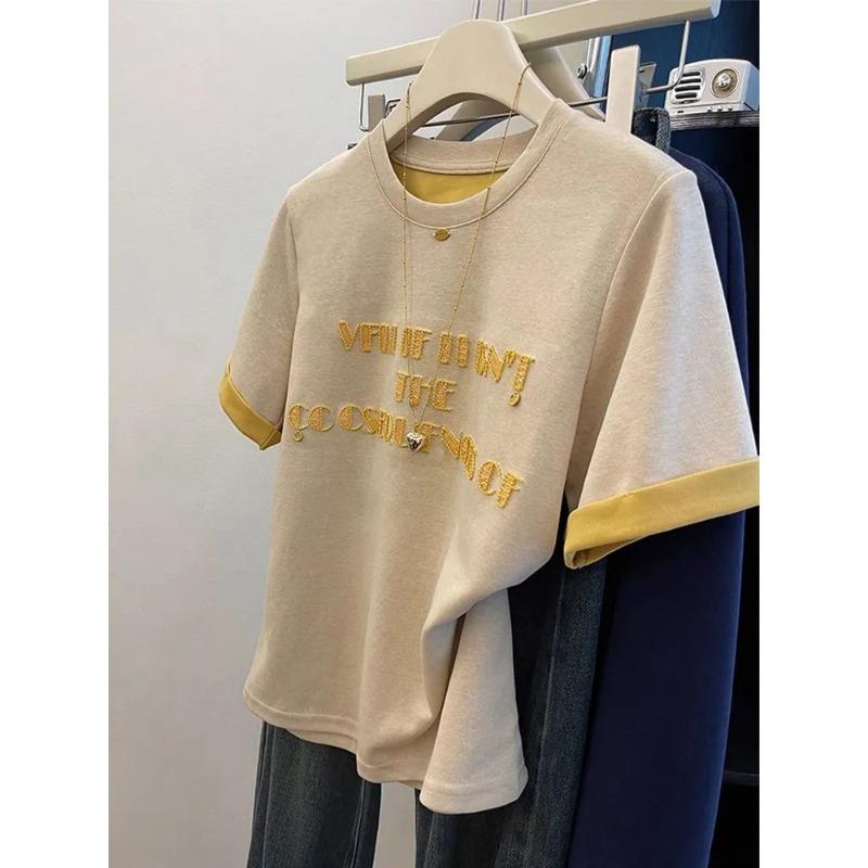 Large Size Heavy Industry Embroidered Letter Short-sleeved T-shirt Women s Summer New Women s -end Design Trendy Niche Tops M жёлтый