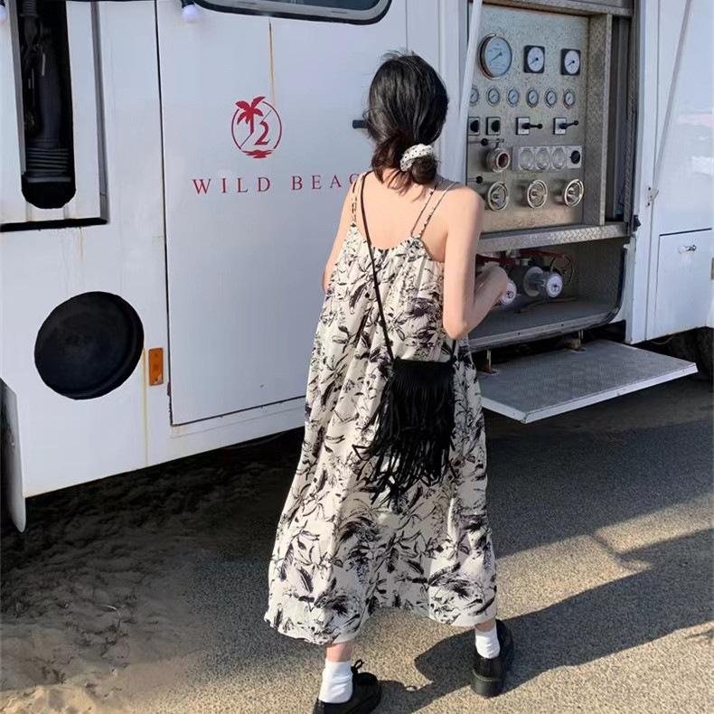 Holiday wind suspender floral dress coffee break French Thai long dress women's summer Sanya travel seaside wear