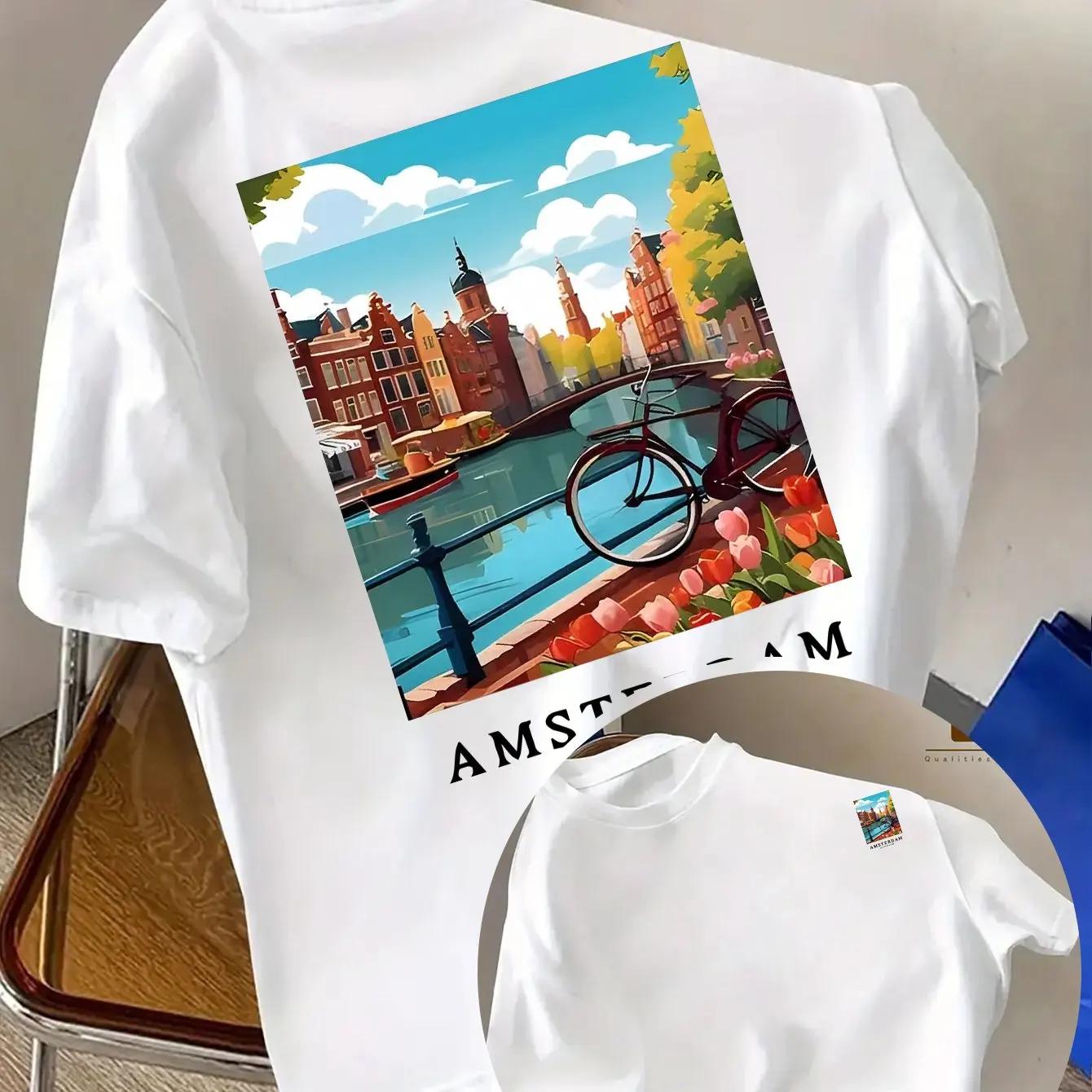 100% Cotton Amsterdam Dutch Canal Cityscape Graphic T-shirt Men Casual Vacation Top S разноцветный