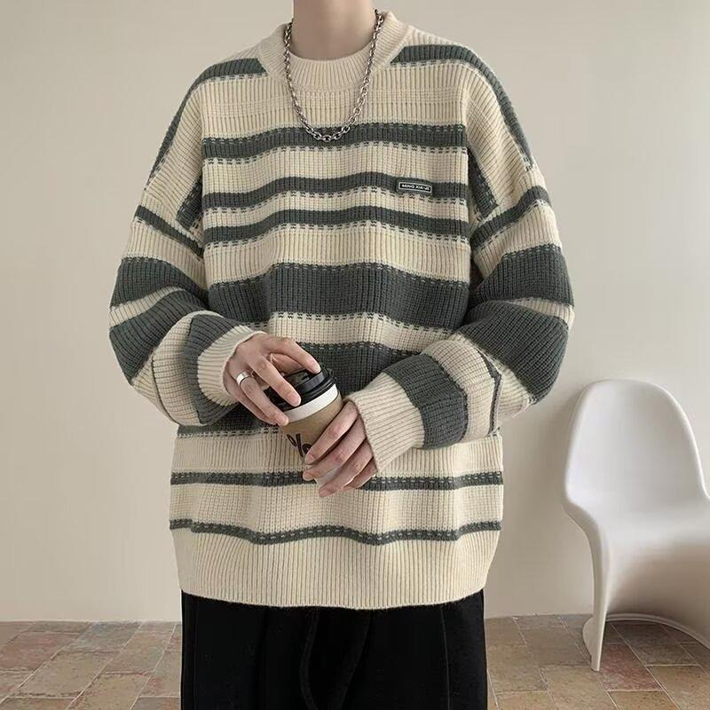 Men's Retro Rainbow Stripe Knit Sweater - Winter 2025 Casual Round Neck Style