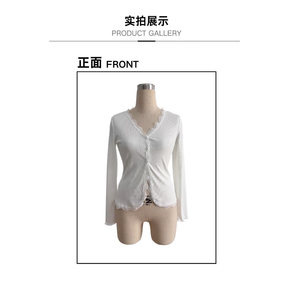 Women V-Neck Lace Patchwork Striped Cardigan Long Sleeve Casual T-Shirt Top