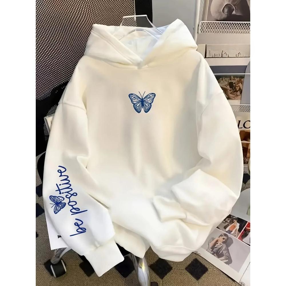 Autumn Winter Creative Butterfly Letter Print Hooded Sweatshirt Loose Comfortable Casual Sport Long Sleeves Hoodies