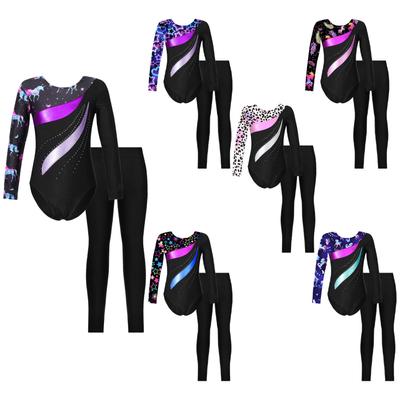 Langärmliges, glänzendes Trikot für Kinder und Mädchen mit sportlichen Leggings, Tanz- und Gymnastik-Performance-Kostüm