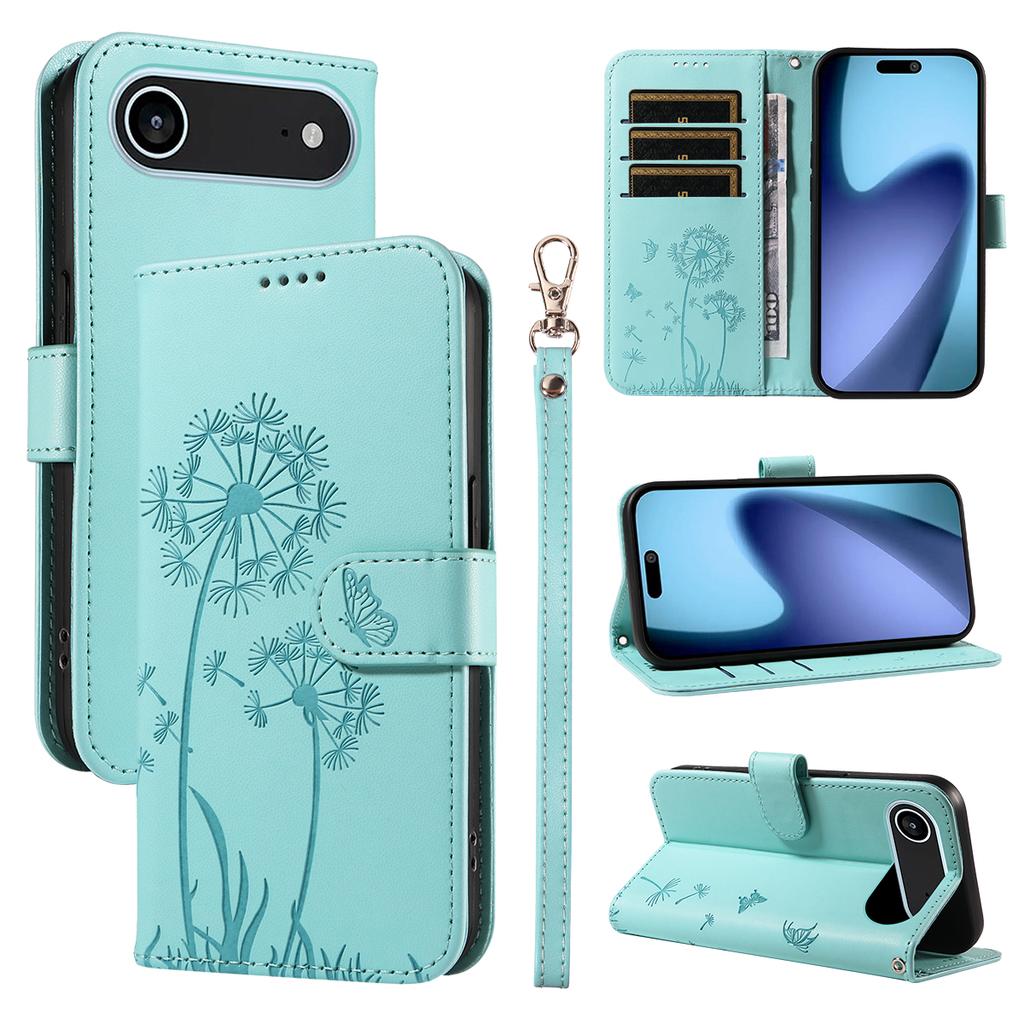 For iPhone 17 Air Leather Wallet Case with Strap Dandelion Imprint Phone Stand Cover