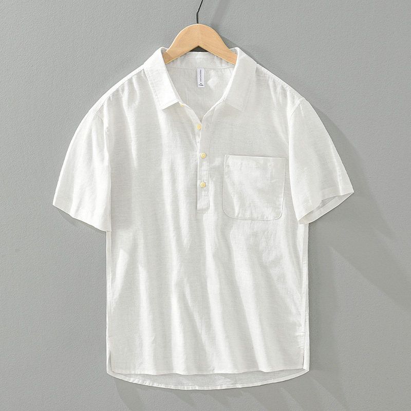 Foreign Trade Surplus Summer Collared Ice Silk Linen Breathable T-Shirt Men s Casual Half-Sleeve Cotton Linen Short-Sleeve Polo Shirt White M