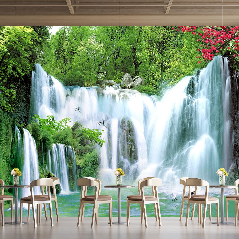 Forest Waterfall Scenery Wall Mural Green Scenery Wallpaper Living Rooms Bedrooms Waterfall Wallpaper