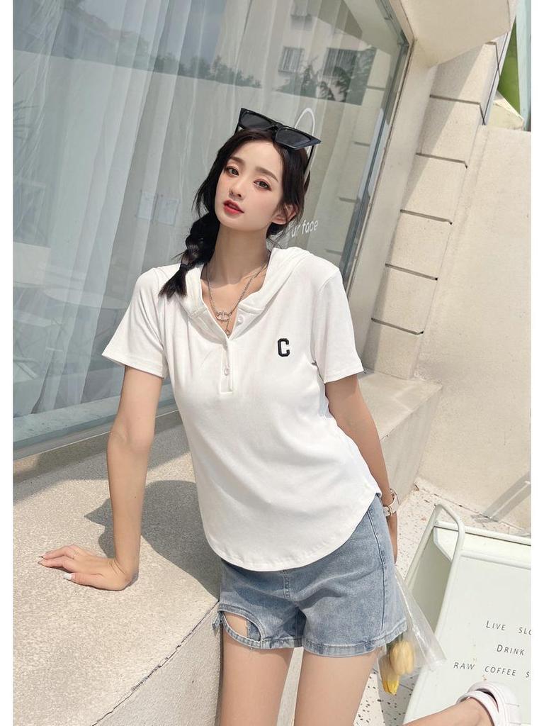 2022 Summer Korean Hooded Button T-shirt - Hot Celebrity Short-Sleeve, Loose Fit for Female Students