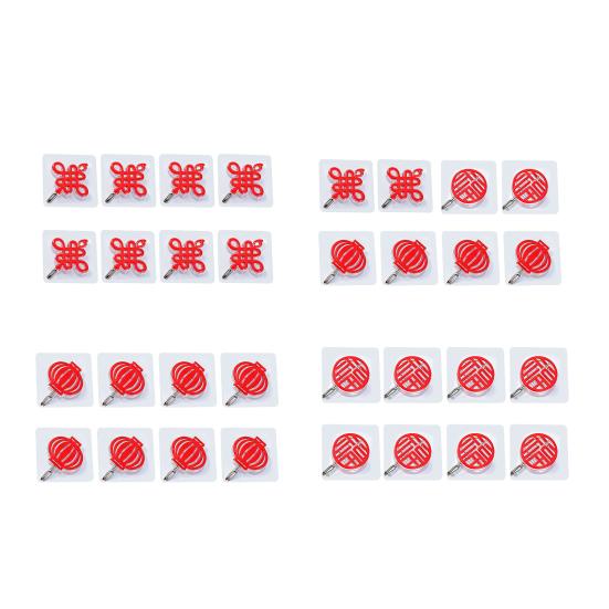 8Pcs Chinese Style Self-adhesive Hooks Drill-Free Installation Festive Decor Hooks Red Lanterns Chinese Knots Hooks for Spring Festival Home