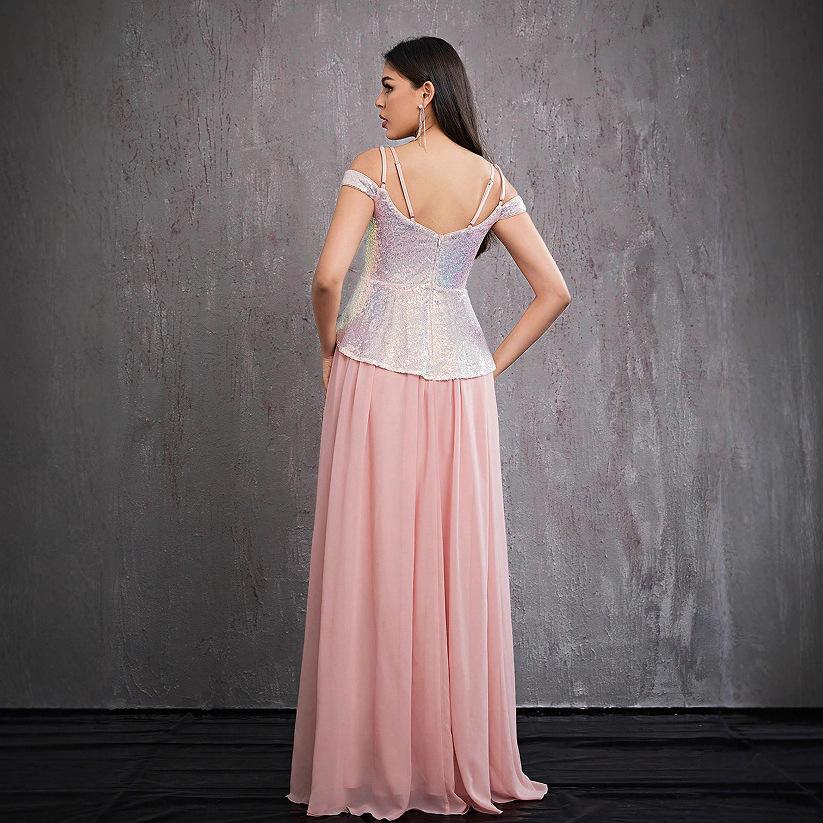 Summer European and American women's sleeveless one-word shoulder dress V-neck sequined celebrity temperament chiffon splicing evening dress