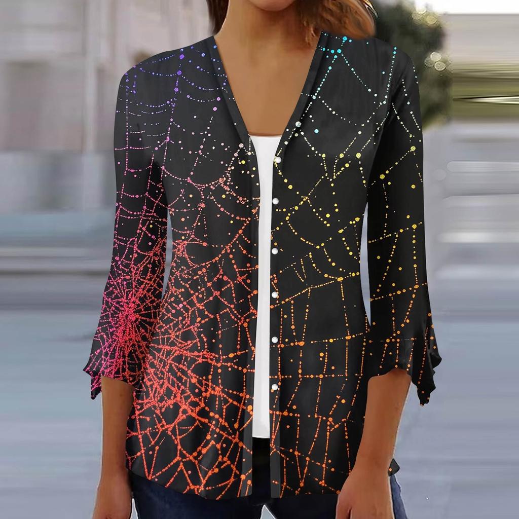 Damen Locker Lässig Bedruckt Siebenärmel Knopfleiste Hemd Strickjacke Top