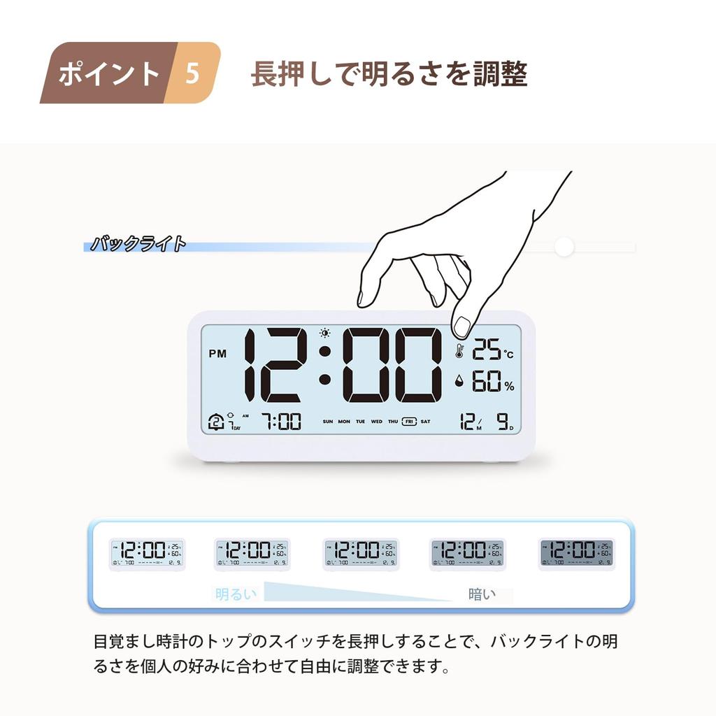 Wecker Digital Reviday Tisch 2 Helligkeitsstufen Einfach zu bedienendes Thermometer und Hygrometer Schreibtisch Multifunktionale digitale Schlummerfunktion Nacht Japanische Anleitung