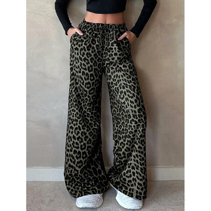 

2026 Women s Satin Casual Pants Spring High-Waisted Leopard Print Loose Straight-Leg Satin Wide-Leg Long Pants XS зелёный