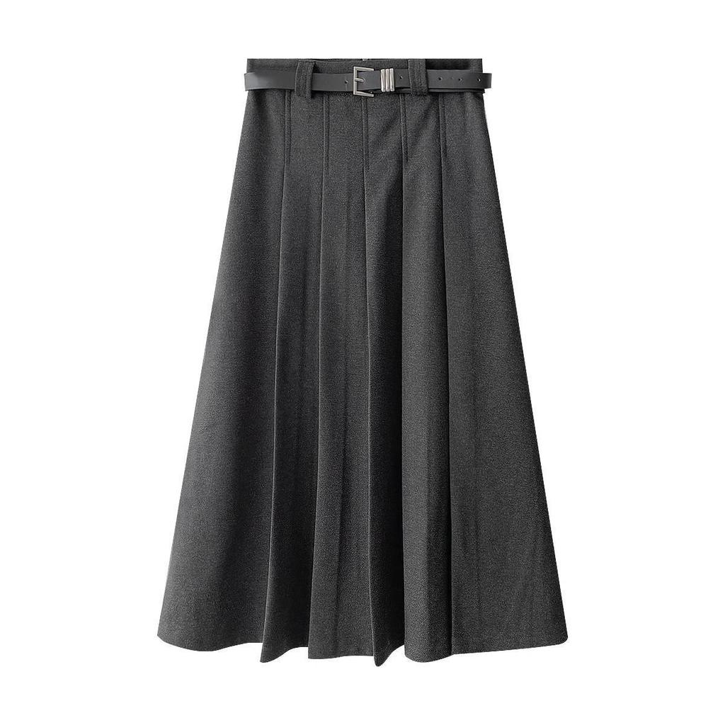 Gray Wool Blend High-Waisted Pleated Skirt for Petite Figures - Mid-Length A-Line Autumn Design
