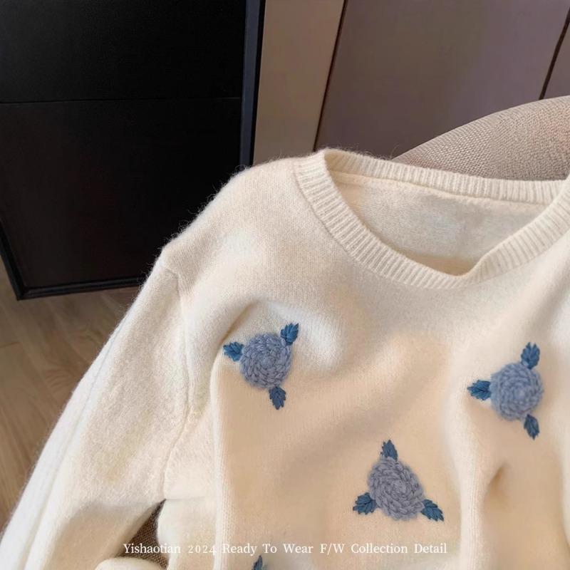 White Flower Embroidered Pullover Sweater Women's Autumn and Winter New Temperament Versatile Soft Waxy Sweet