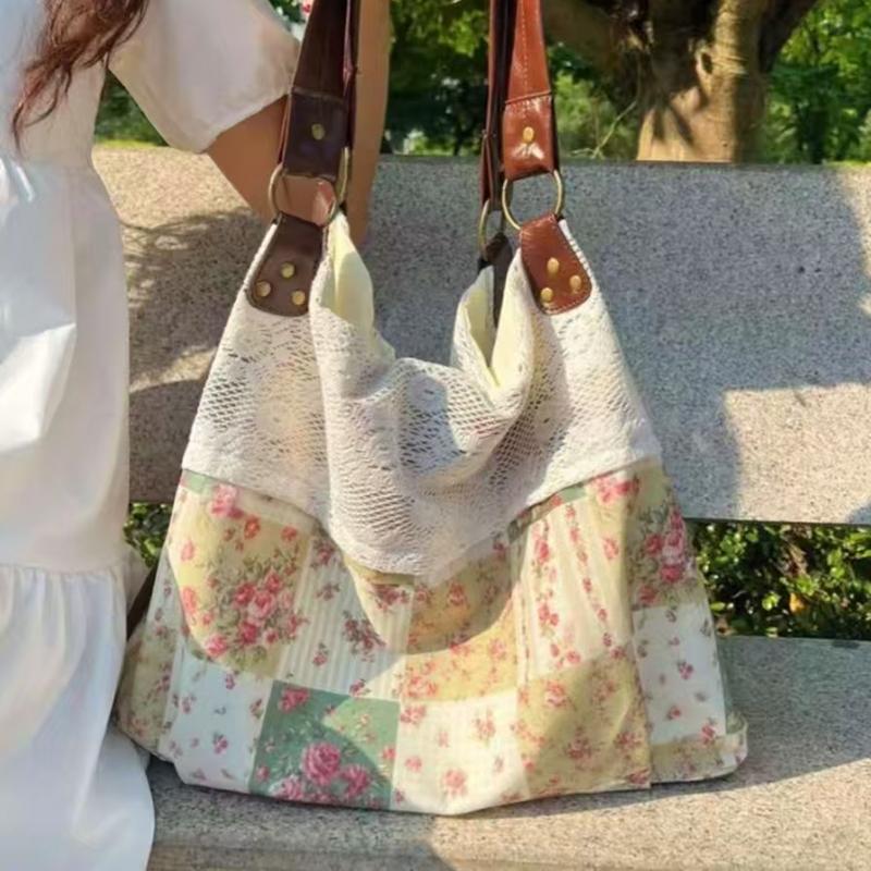Floral Patchwork Canvas Shoulder Bag Vintage Lace Trim Hobo Bag Large Capacity For Commute & Travel Women Lightweight Handbag