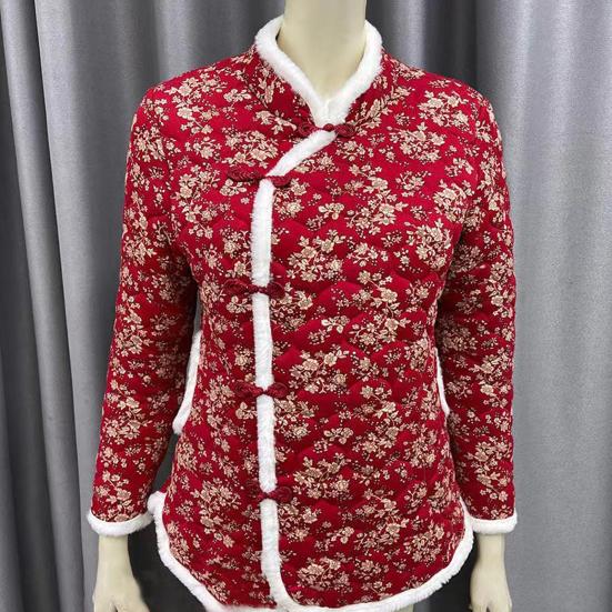 Dámské Zimní Bavlněný kabát Květinový potisk Bez rukávů Čínský etnický styl Barevně ladící Polstrovaný Tlustý plyš Teplý jednořadý dámský kabát větší velikosti