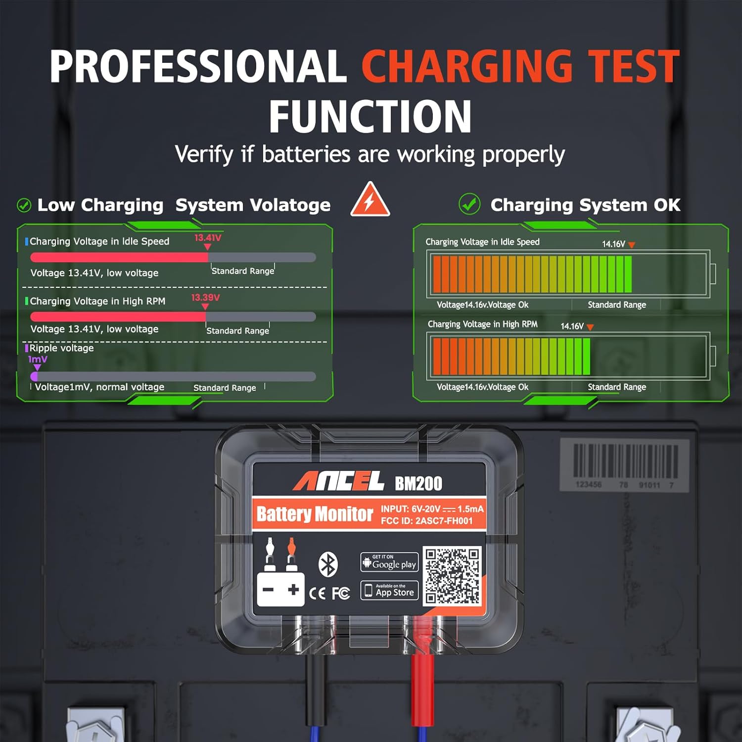 ANCEL BM200-US Car Battery Tester 12V Automotive Battery Monitor Bluetooth Auto Battery Load Tester with Cranking Charging Test Alarm Record Voltage