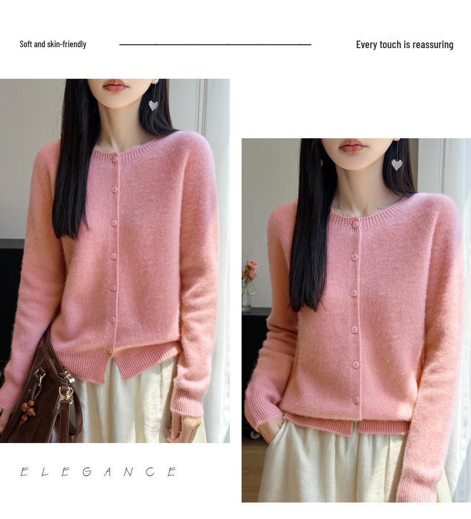 Autumn/Winter Pure Wool Seven-Stitch Crew Neck Cardigan - Thick, Long Sleeve, Solid Color, Skin-Friendly Knit Sweater