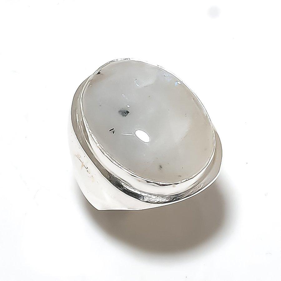 

Радужный лунный камень, драгоценный камень, этнические украшения ручной работы, мужское кольцо, размер 8 VR-2395