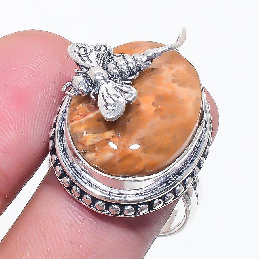 

Natural Fossil Coral Gemstone 925 Sterling Silver Jewelry Ring Size 9 D8E81