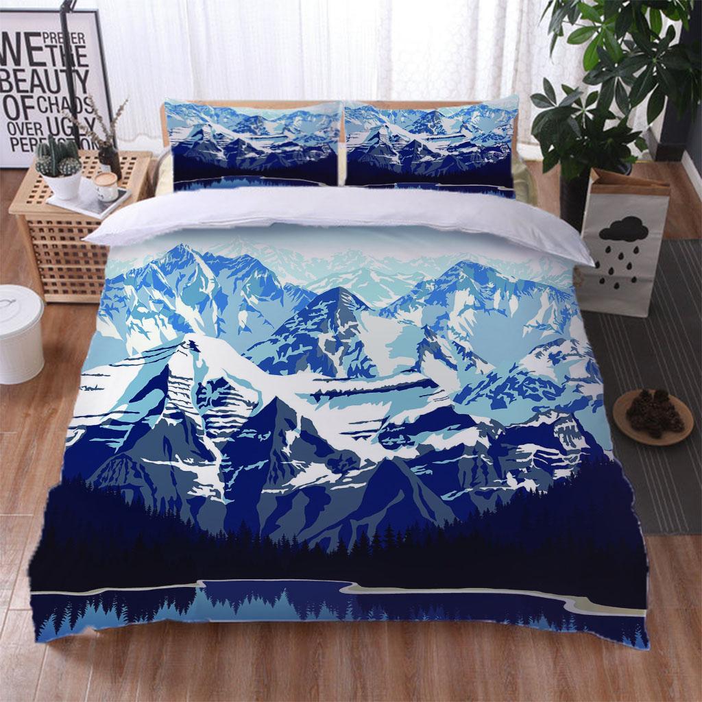 King Size Bedding Set 3D White Snowy Mountain Landscape Duvet Cover Comforter Bedclothes Children Kid Boy Bed Birthday Gift