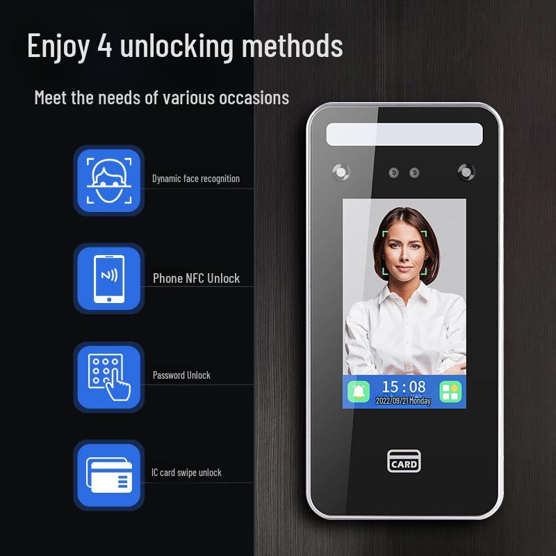 Smart Face Recognition Access Control System with IC Card, Password, and Electromagnetic/Electric Lock Compatibility.