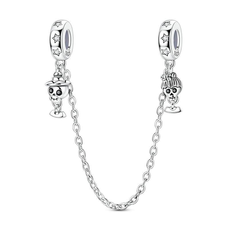 925 Silver Safety Chain Charm Bracelet Set Clover Lock Key Bear Peace Dove Fruit Decoration Beaded Fine Jewelry Gift