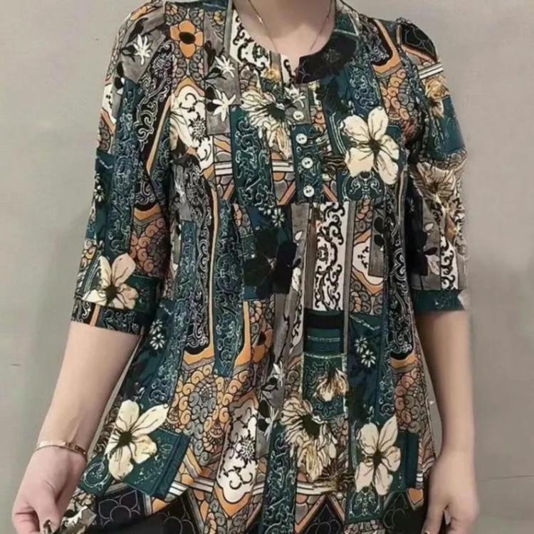 Women Clothes Casual Vintage Floral Print Ethnic Style Ice Silk T-shirt Summer Fashion O Neck 3/4 Sleeve Loose Tunic Ladies Tops