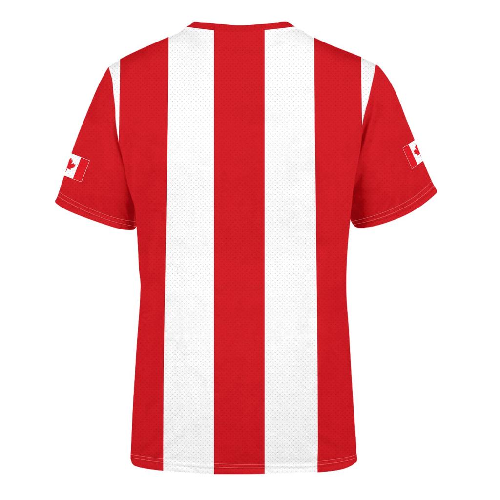 Unisex International Football Fan Retro Streetwear Jersey with Maple Leaf Soccer Print Striped Design Crew Neck Short Sleeve Top for Adults Youth