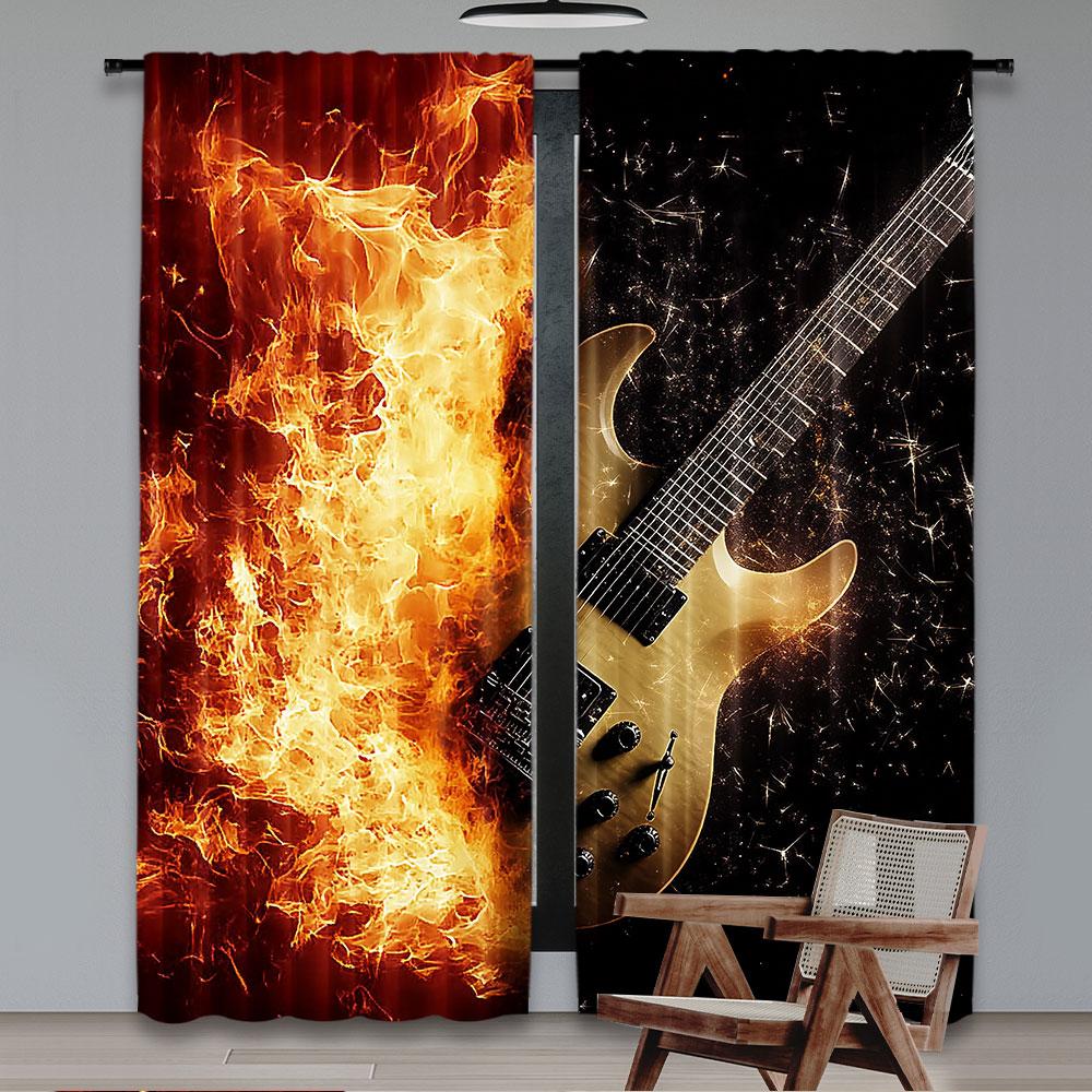 2Pcs Guitar Curtains Rock Music Hip Hop Hippie Flame Guitar Suitable For Bedroom Living Room Dining Room And Bathroom