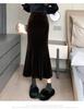 Women's Black Velvet Fishtail Pencil Skirt - High Waist, Slimming, Mid-Length, Pleated, Autumn/Winter.