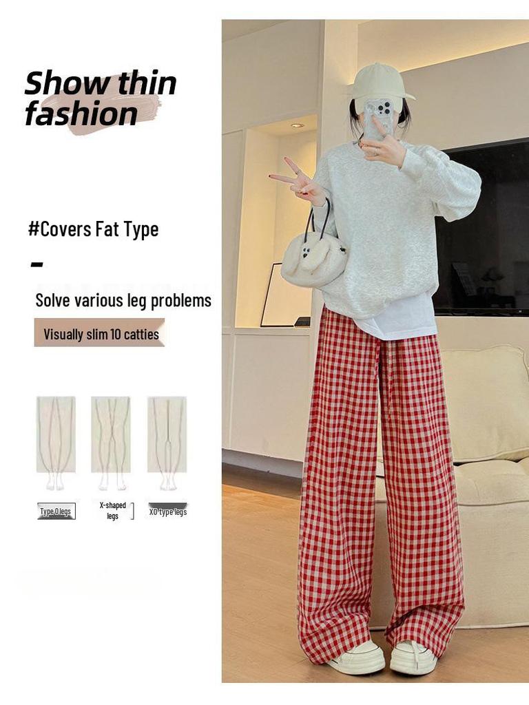 Red Checkered High Waist Wide Leg Pants for Women - Lazy Style, Linen, Perfect for Spring and Autumn
